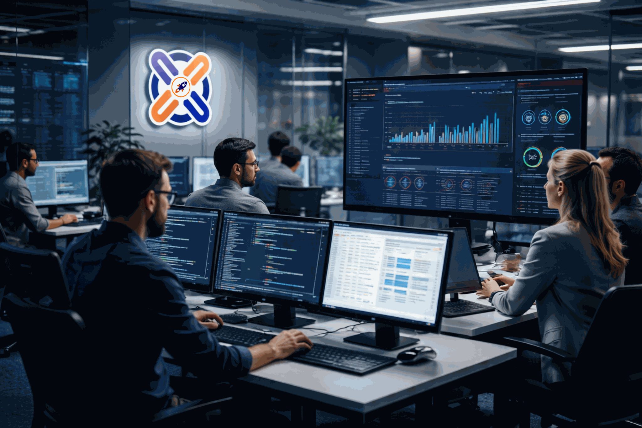 Equipe de engenharia Voraxus desenvolvendo sistemas sob medida em ambiente corporativo moderno